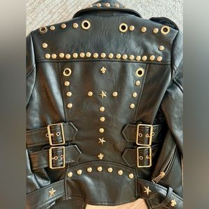 AZALEA WANG BLACK & GOLD EMBELLISHED LEATHER MOTO JACKET FOR FALL WOMEN SMALL